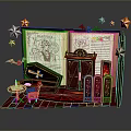 Gothic Open Book Scene With Illustration Coffin Wardrobe Bats Table And Stars