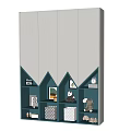 Modern White and Light Blue Wardrobe with Geometric Open Storage Shelves and Decorative Items