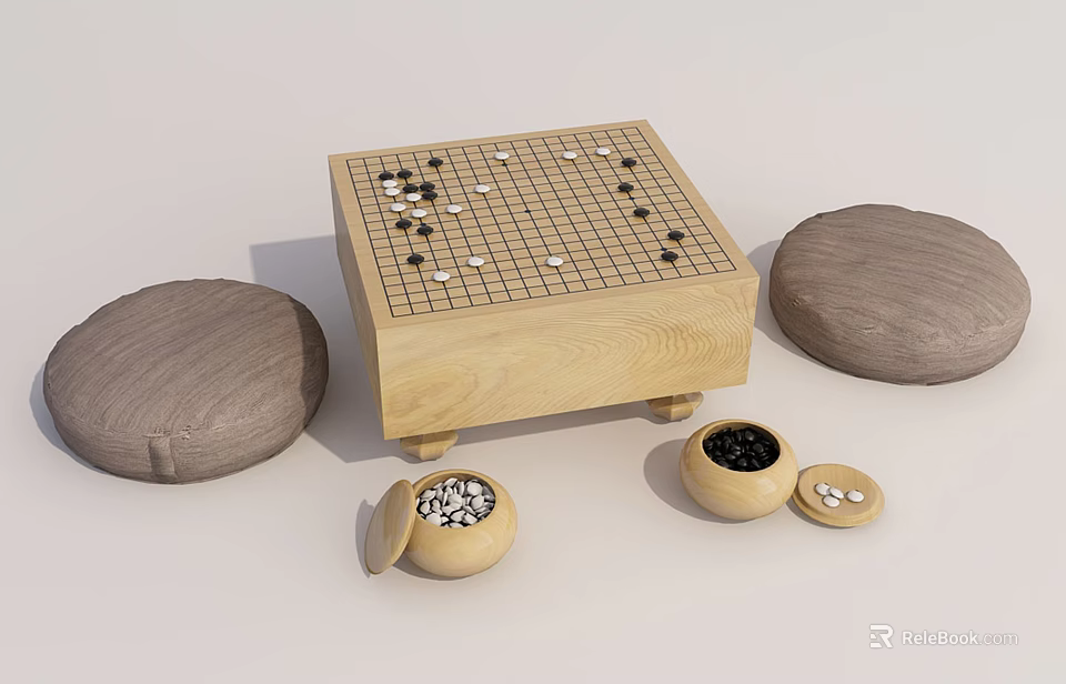 Wooden Entertainment Table Featuring Chessboard Black White Pieces Round Cushions And Small Boxes 3d model 