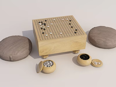 Wooden Entertainment Table Featuring Chessboard Black White Pieces Round Cushions And Small Boxes 3d model