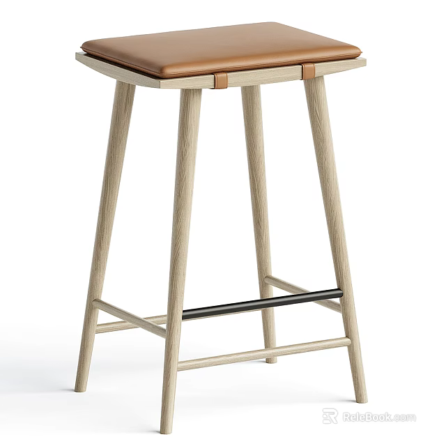 Modern Bar Stool With Wooden Legs Leather Seat And Metal Cross Support Design 3d model 