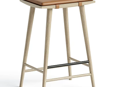 Modern Bar Stool With Wooden Legs Leather Seat And Metal Cross Support Design 3d model
