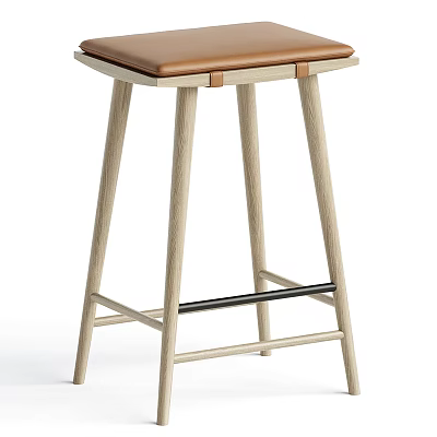 Modern Bar Stool With Wooden Legs Leather Seat And Metal Cross Support Design 3d model