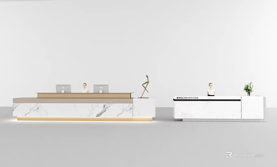 Modern Reception Desk With Marble Countertop And Staff Working With Computers And Decorative Plant 3d model 