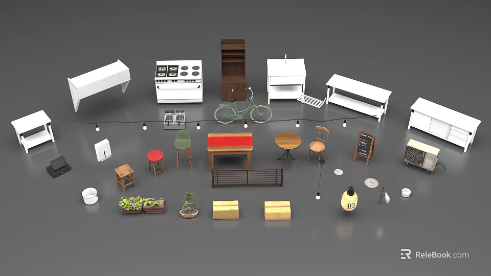 Modern Living Space With Various Style Sideboards And Coordinating Tables Chairs Plants Lamps 3d model 