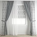 Gray Patterned Window Curtains With White Sheer Panels And Tiebacks 3d model