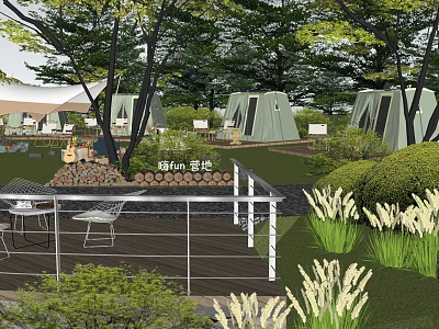 Scenic Garden Landscape With Tents Trees Tables Chairs And Green Plants 3d model