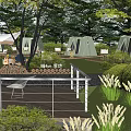 Scenic Garden Landscape With Tents Trees Tables Chairs And Green Plants