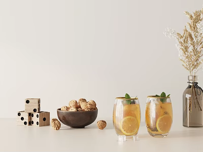 Decorative Ornament Set With Dice Nuts Drink Glasses And Dried Flowers 3d model