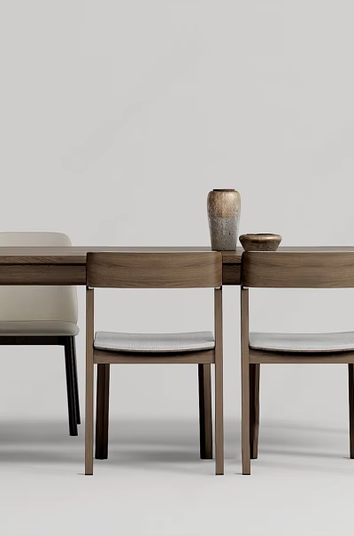 Modern Minimalist Wooden Dining Table With Three Chairs And Vase Bowl 3d model