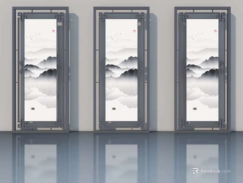 Three Panel Hinged Doors With Metal Frame And Mountain Landscape Painting In Modern Chinese Design 3d model 
