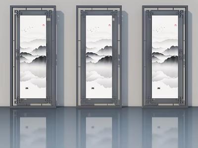 Three Panel Hinged Doors With Metal Frame And Mountain Landscape Painting In Modern Chinese Design 3d model