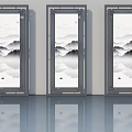 Three Panel Hinged Doors With Metal Frame And Mountain Landscape Painting In Modern Chinese Design