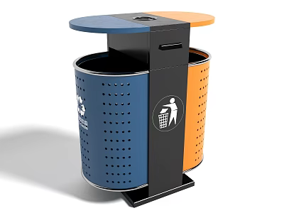 Dual Compartment Public Trash Bins With Blue And Orange Sections And Recycling Symbols 3d model