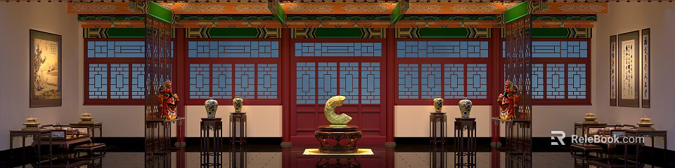 Traditional Chinese Interior with Red Framed Windows Decorative Ceiling and Green Sculpture on Stand 3d model 
