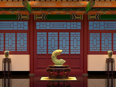 Traditional Chinese Interior with Red Framed Windows Decorative Ceiling and Green Sculpture on Stand 3d model
