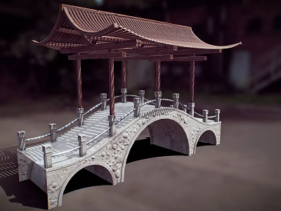 Traditional Chinese Arched Stone Bridge With Pavilion And Railings 3d model