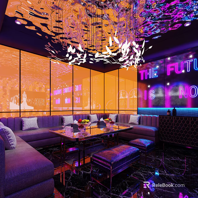 Modern KTV Lounge Interior With Neon Lights Sofa Seating And Decorative Chandelier 3d model 
