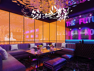 Modern KTV Lounge Interior With Neon Lights Sofa Seating And Decorative Chandelier 3d model