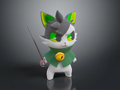 Adorable Gray Cartoon Cat Character With Green Ears Yellow Eyes Green Cape and Stick 3d model