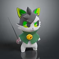 Adorable Gray Cartoon Cat Character With Green Ears Yellow Eyes Green Cape and Stick