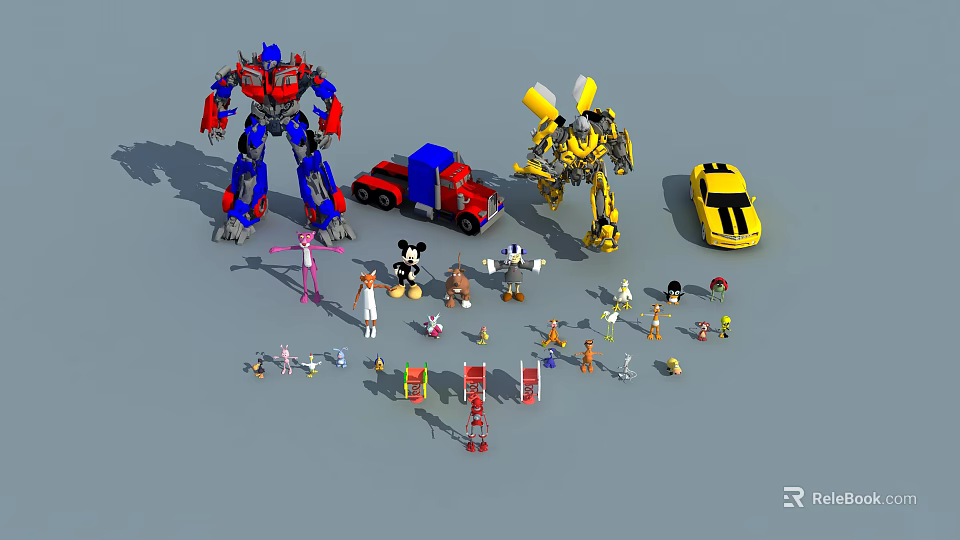 Assorted Dolls Collection Including Transformers Figures Car Models And Cartoon Characters 3d model