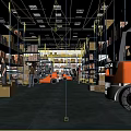 Warehouse Interior With Workers Operating Forklifts And Stacked Shelves With Boxes 3d model