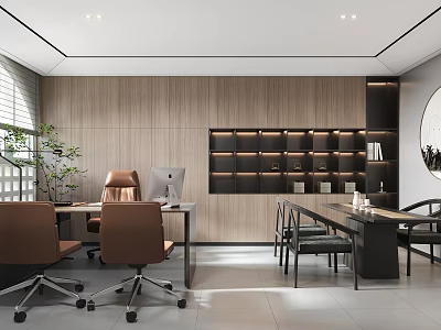 Modern Office Interior With Wooden Wall Bookshelf Desk Office Chairs Green Plant And Natural Light 3d model