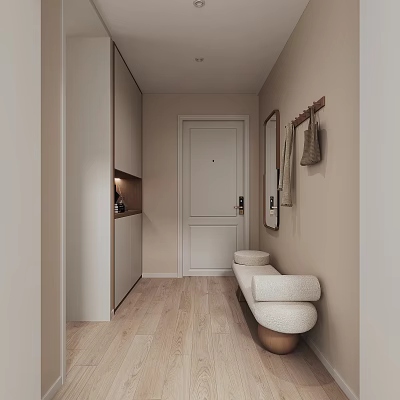 Minimalist Entrance Hallway With Light Tones Bench Mirror And Storage 3d model
