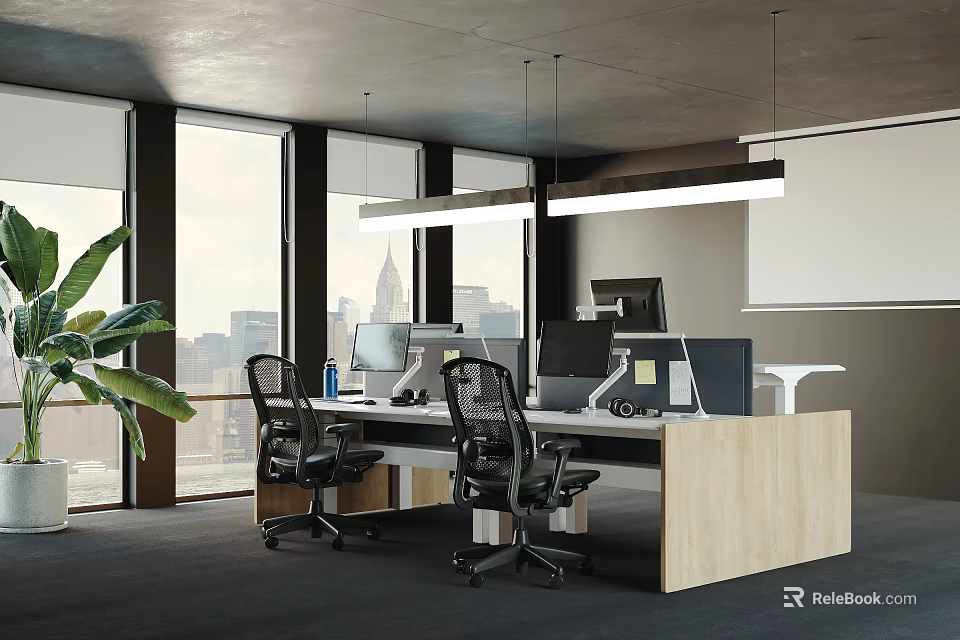 Open Public Office Space with Large Windows City View Computers Office Chairs and Green Plants 3d model 