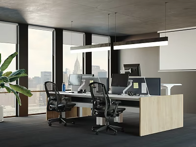 Open Public Office Space with Large Windows City View Computers Office Chairs and Green Plants 3d model