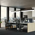 Open Public Office Space with Large Windows City View Computers Office Chairs and Green Plants