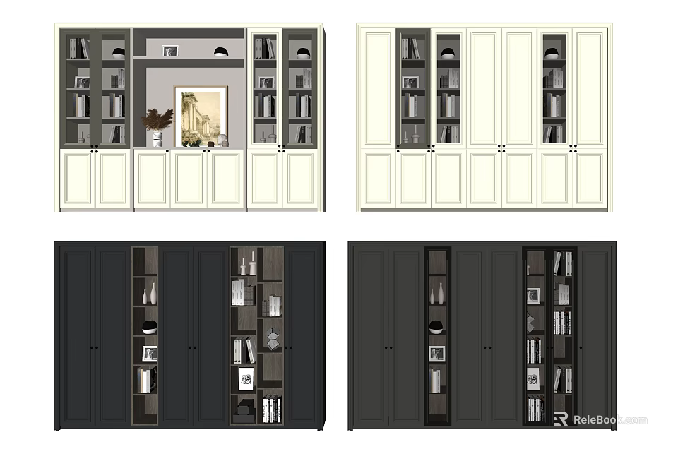 Modern Bookcase Designs in White and Dark Colors With Storage Shelves and Doors 3d model 