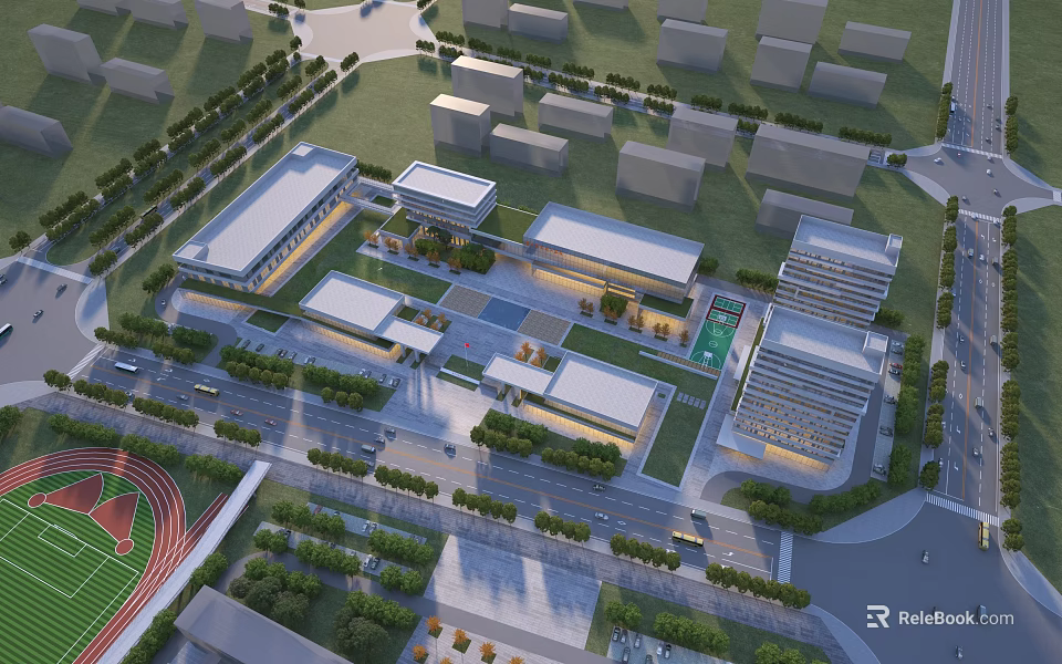 Aerial View of Modern School Buildings with Sports Field and Green Landscaping 3d model 