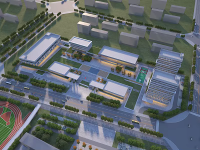 Aerial View of Modern School Buildings with Sports Field and Green Landscaping 3d model