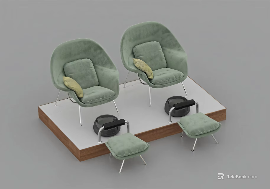 Green Velvet Lounge Chairs with Metal Legs and Matching Ottomans on Wooden Base 3d model 