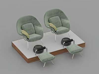 Green Velvet Lounge Chairs with Metal Legs and Matching Ottomans on Wooden Base 3d model