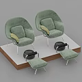 Green Velvet Lounge Chairs with Metal Legs and Matching Ottomans on Wooden Base
