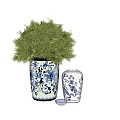 Blue and White Vases with Floral Bird Patterns and Green Flower Bouquets