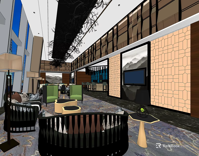 Modern Sales Office Interior Design With Geometric Wall Patterns And Comfortable Sofas 3d model 