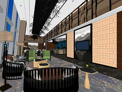Modern Sales Office Interior Design With Geometric Wall Patterns And Comfortable Sofas 3d model