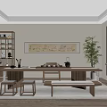 Minimalist Tea Room With Wooden Table Stools Bookshelf Calligraphy Painting And Green Plant