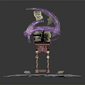 Magical Scene With Ancient Book On Pedestal Floating Papers Purple Aura And Broken Stone Floor