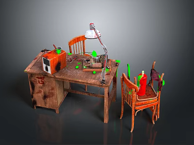 Vintage Wooden Desk And Chair With Table Lamp Laptop And Tools On Surface 3d model