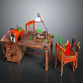 Vintage Wooden Desk And Chair With Table Lamp Laptop And Tools On Surface