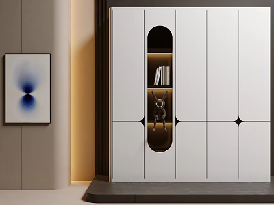 Modern White Decorative Cabinet With Black Accents Oval Niche Books And Wall Painting 3d model
