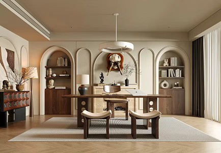 Study Bookcase, Desk and Chair, Stool, Book, Book, Chandelier, Table Lamp 3d model