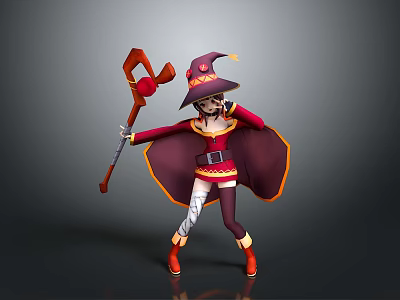 Cartoon Fantasy Wizard Character With Purple Hat Red Cloak And Staff 3d model