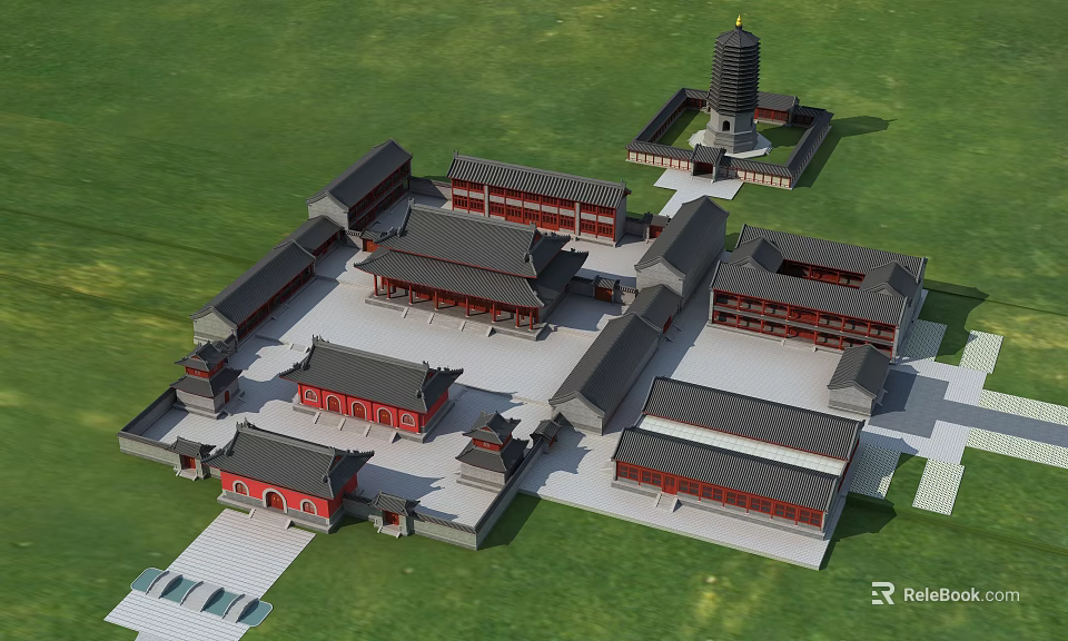 Traditional Ancient Chinese Architectural Complex With Red Structures Tall Pagoda And Courtyard Layout 3d model 