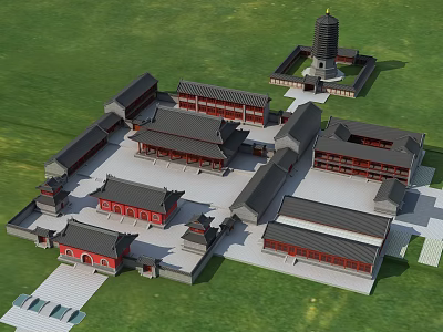 Traditional Ancient Chinese Architectural Complex With Red Structures Tall Pagoda And Courtyard Layout 3d model